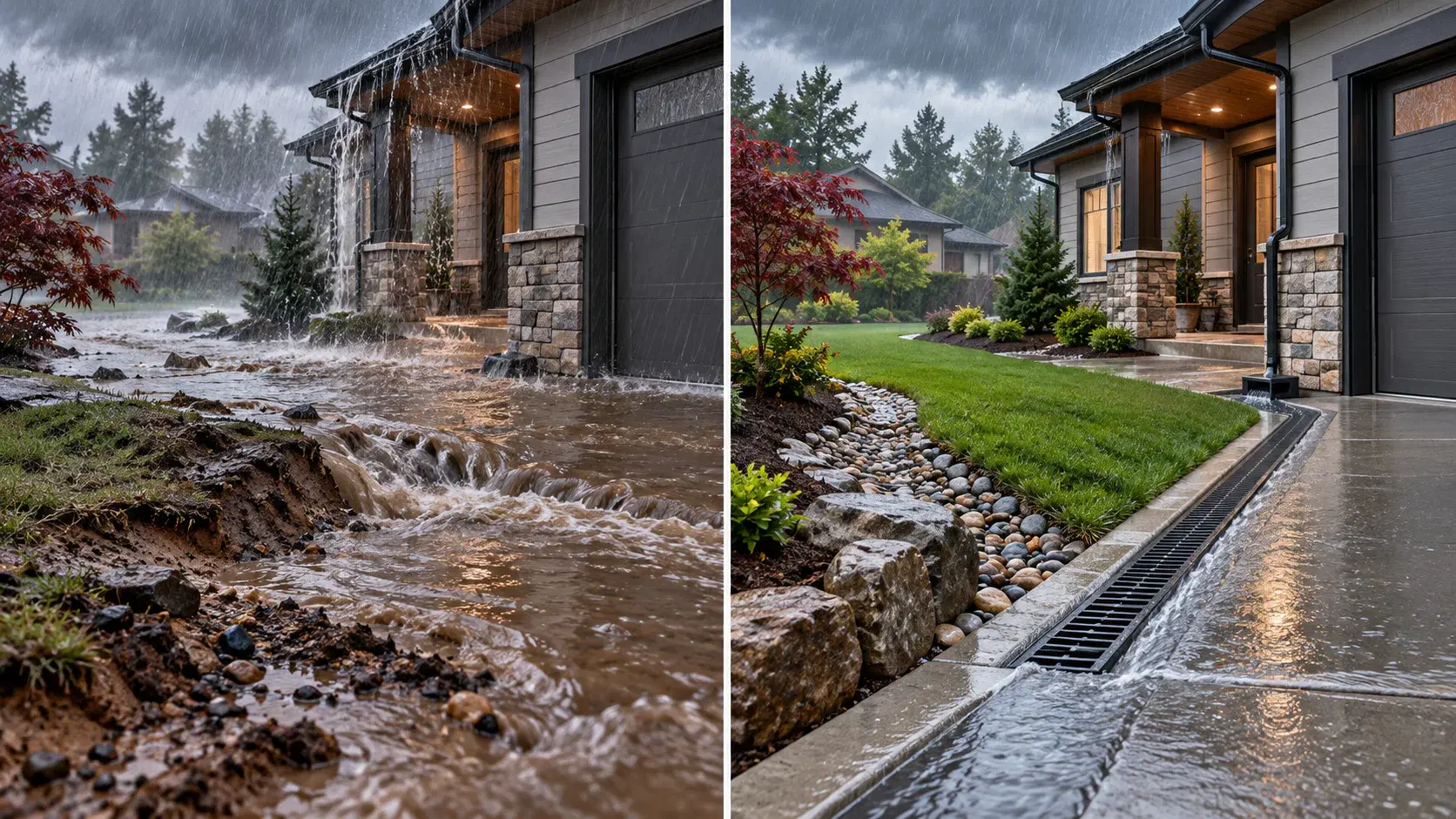 Illustration comparing unmanaged runoff with drainage improvements on a property