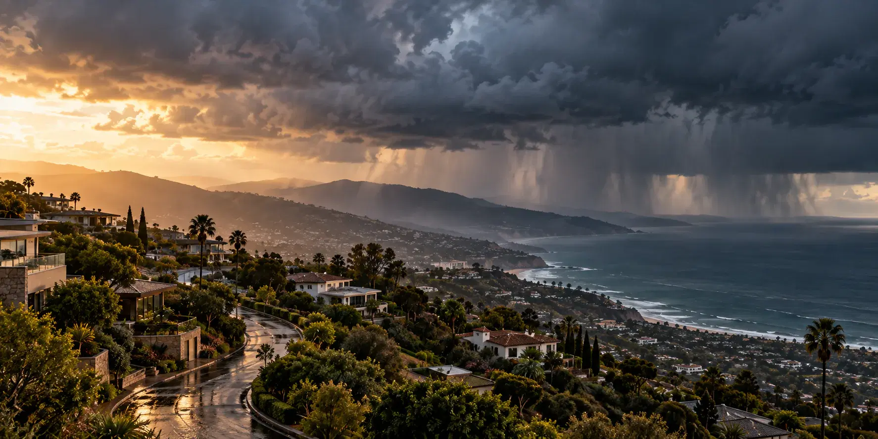 Los Angeles hillside property prepared for rain beneath gathering storm clouds
