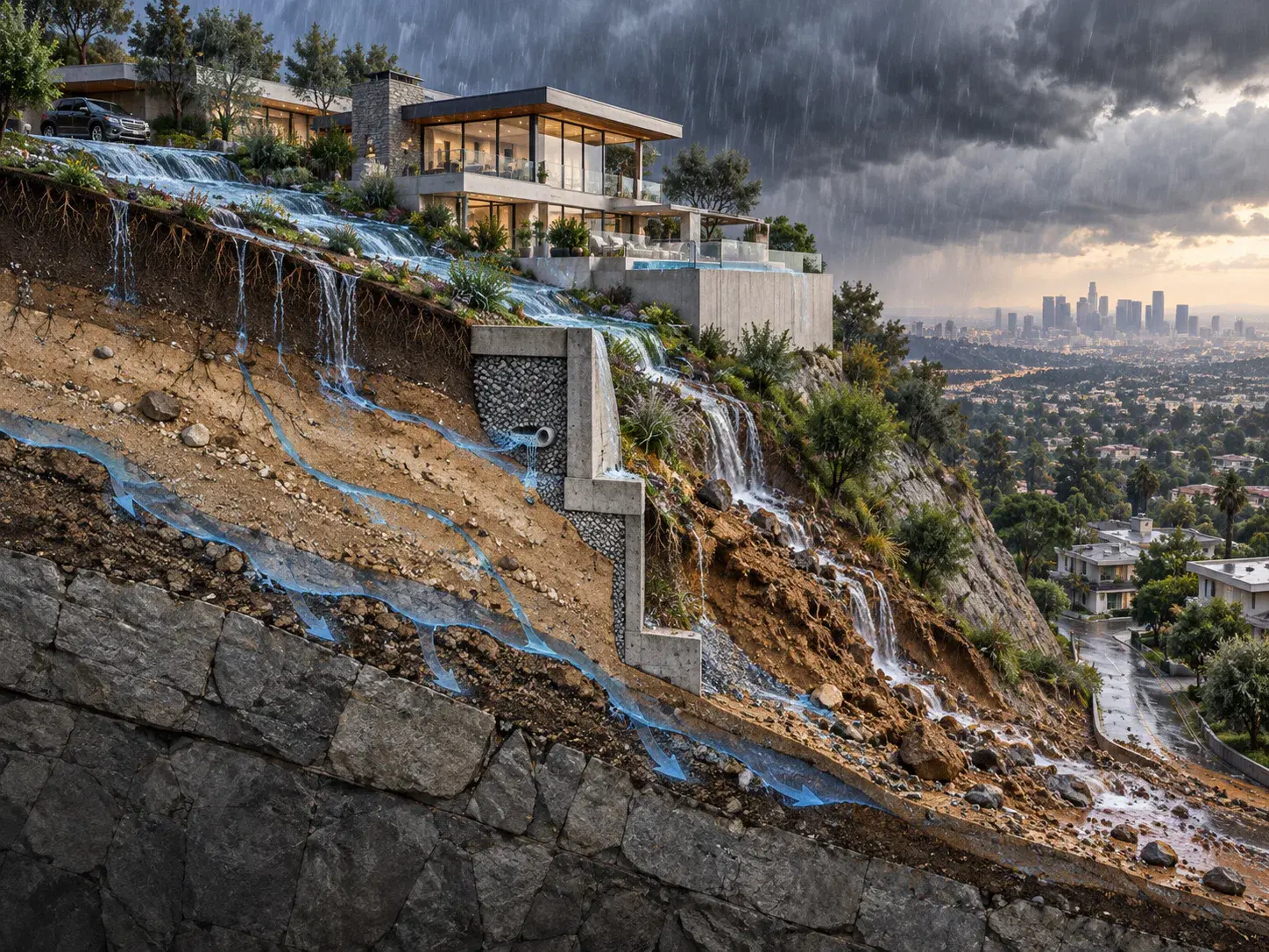 Illustration showing runoff moving down a hillside toward a home and drainage routes